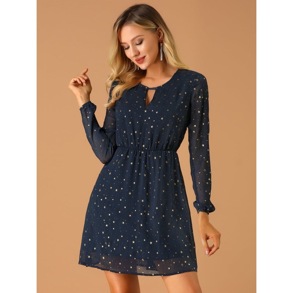Allegra K Womens Dress XL Gold Star Print Long Sleeve Mini Keyhole Navy NWT